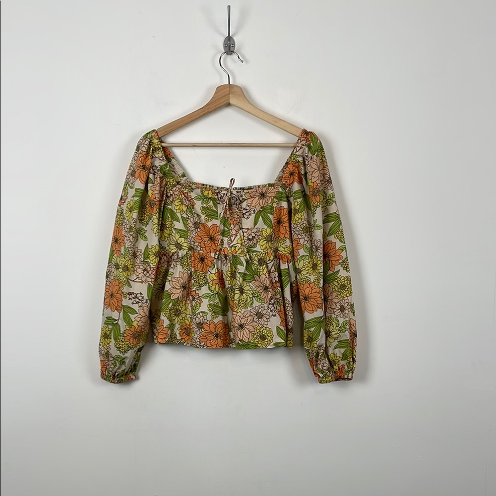 J Crew Square Neck Tie Front Zinna Floral Puff Long Sleeve Women's 12 Crop Top